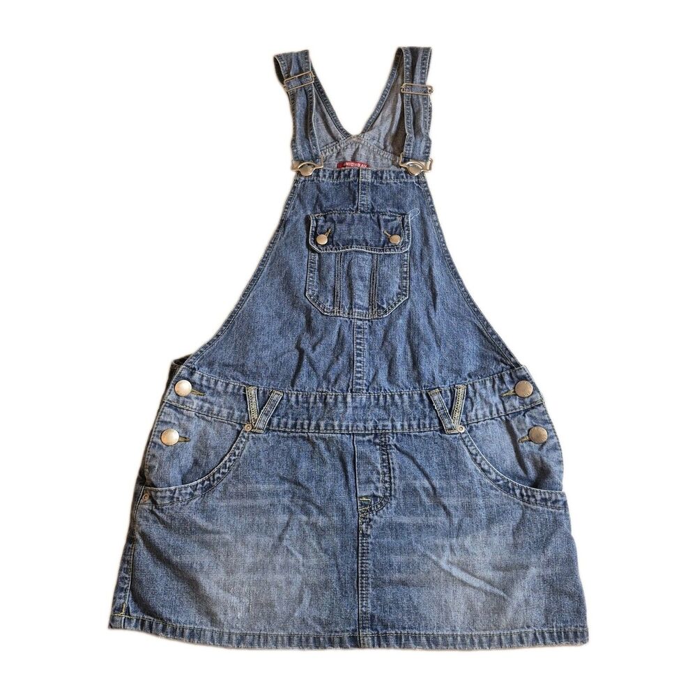Union Bay Women's Denim Overall Style Mini Skirt Size Large Blue Distressed
